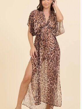Surf Gypsy Wild Leopard Print Chiffon Long Cover Up Dress